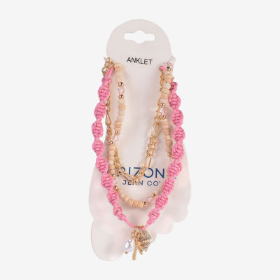 Arizona Pink Palm Tree & Shell Gold Tone 9 Inch Figaro Flower Ankle Bracelet