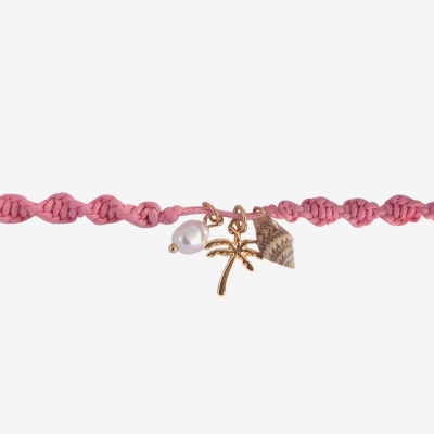 Arizona Pink Palm Tree & Shell Gold Tone 9 Inch Figaro Flower Ankle Bracelet