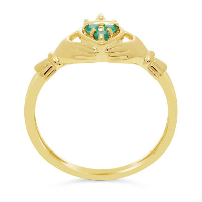 Heart-Shaped Genuine Emerald 10K Yellow Gold Claddagh Ring