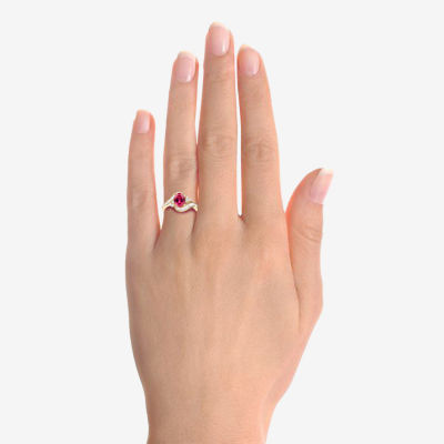 Womens Lab Created Red Ruby 14K Gold Over Silver Crossover Side Stone Cocktail Ring