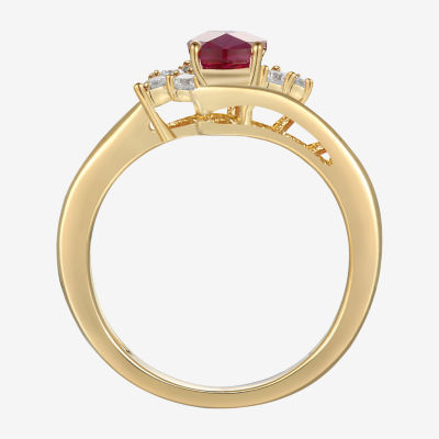 Womens Lab Created Red Ruby 14K Gold Over Silver Crossover Side Stone Cocktail Ring