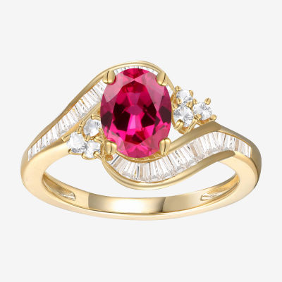 Womens Lab Created Red Ruby 14K Gold Over Silver Crossover Side Stone Cocktail Ring