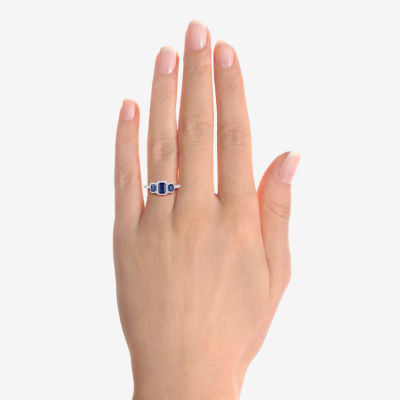 Womens Lab Created Blue Sapphire Sterling Silver Halo Side Stone Cocktail Ring