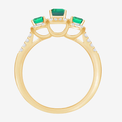 Womens Lab Created Green Emerald 14K Gold Over Silver Halo 3-Stone Cocktail Ring