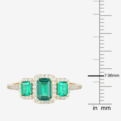 Womens Lab Created Green Emerald 14K Gold Over Silver Halo 3-Stone Cocktail Ring