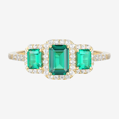 Womens Lab Created Green Emerald 14K Gold Over Silver Halo 3-Stone Cocktail Ring