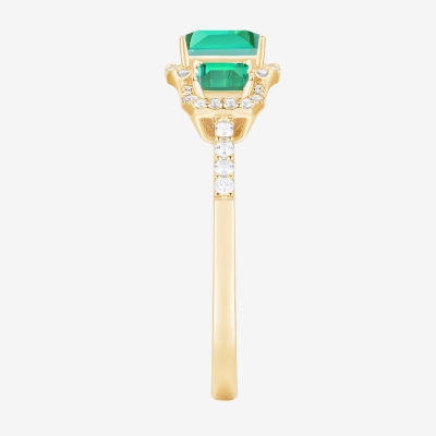 Womens Lab Created Green Emerald 14K Gold Over Silver Halo 3-Stone Cocktail Ring