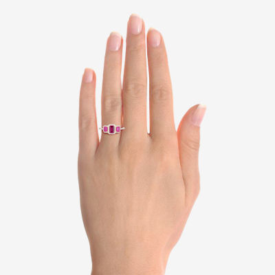 Womens Lab Created Red Ruby 14K Gold Over Silver Halo 3-Stone Cocktail Ring