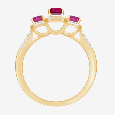 Womens Lab Created Red Ruby 14K Gold Over Silver Halo 3-Stone Cocktail Ring