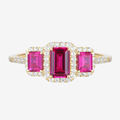 Womens Lab Created Red Ruby 14K Gold Over Silver Halo 3-Stone Cocktail Ring