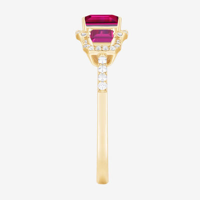 Womens Lab Created Red Ruby 14K Gold Over Silver Halo 3-Stone Cocktail Ring