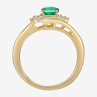 Womens Lab Created Green Emerald 14K Gold Over Silver Crossover Side Stone Cocktail Ring