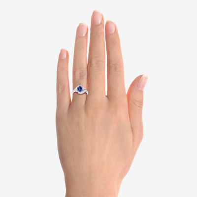Womens Lab Created Blue Sapphire Sterling Silver Crossover Side Stone Cocktail Ring