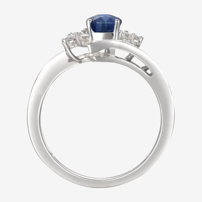 Womens Lab Created Blue Sapphire Sterling Silver Crossover Side Stone Cocktail Ring