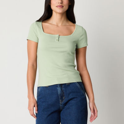 a.n.a Womens Square Neck Short Sleeve Ribbed Henley Shirt
