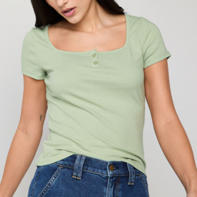 a.n.a Womens Square Neck Short Sleeve Ribbed Henley Shirt