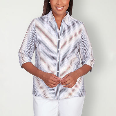 Alfred Dunner Classics Womens 3/4 Sleeve Regular Fit Button-Down Shirt