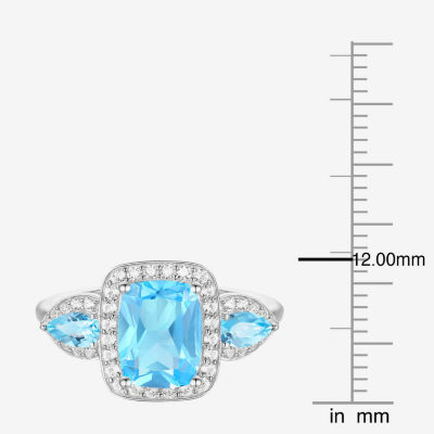 Womens Genuine Blue Topaz Sterling Silver Halo Side Stone Cocktail Ring