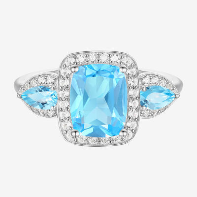 Womens Genuine Blue Topaz Sterling Silver Halo Side Stone Cocktail Ring