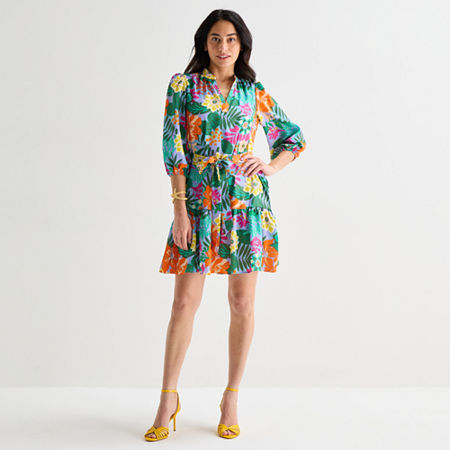 Willow Glenn Womens V Neck 3/4 Sleeve Balloon Floral Fit + Flare Dress