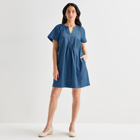 St. John's Bay Womens Tall Midi Split Crew Neck Short Sleeve A-Line Dress