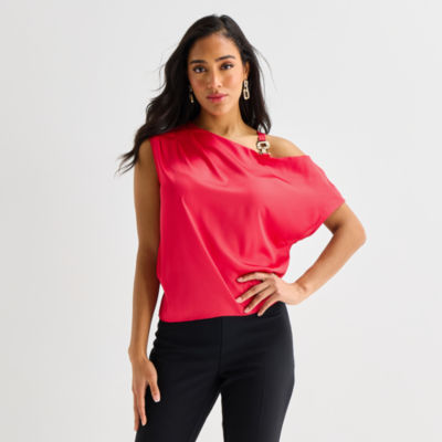 Bold Elements Womens Asymmetrical Neck Short Sleeve Satin Blouse