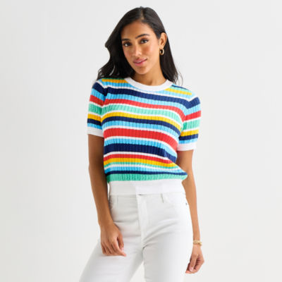 St. John's Bay Womens Crew Neck Short Sleeve Striped Cable Knit Pullover Sweater