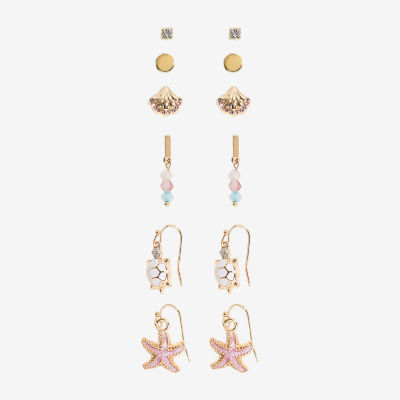 Arizona Gold Tone Starfish Turtle Womens 6 Pair Earring Set