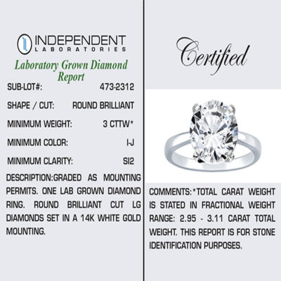 (I-J / SI2) Womens 3 CT Lab Grown White Diamond in 14K Gold Round Solitaire Engagement Ring