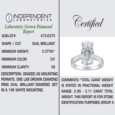 (H-I / SI2) Womens 3 CT. Lab-Grown White Diamond in 14K Gold Oval Solitaire Engagement Ring