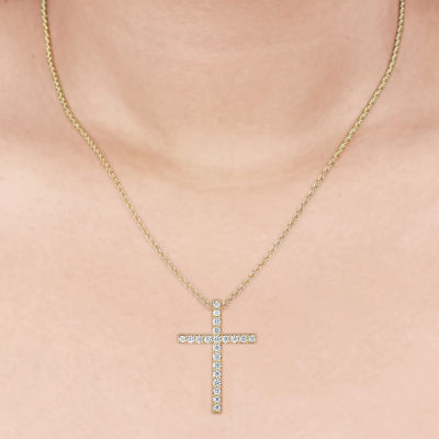 (H-I / I1) Womens 1/2 CT. T.W. Lab Grown White Diamond 10K Gold Cross 18 Inch Pendant Necklace