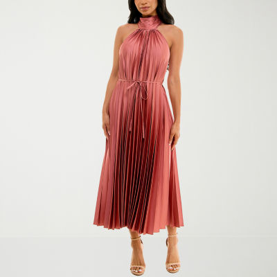 Premier Amour Satin Pleated Sleeveless Midi Shift Dress