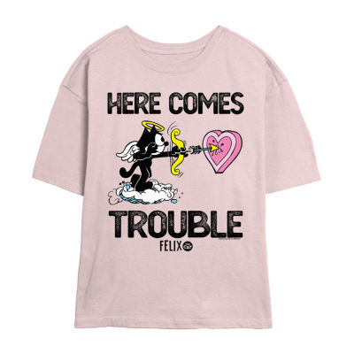 Felix The Cat Here Comes Trouble Tee Womens Crew Neck Short Sleeve Regular Fit Juniors Graphic T-Shirt