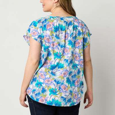 St. John's Bay Womens Plus Split Crew Neck Short Sleeve Blouse