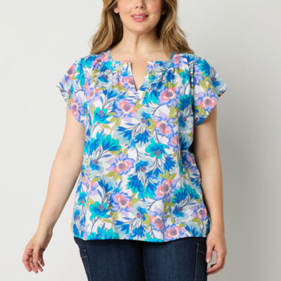 St. John's Bay Womens Plus Split Crew Neck Short Sleeve Blouse