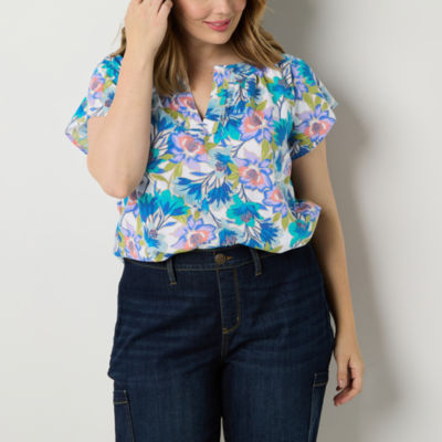 St. John's Bay Womens Plus Split Crew Neck Short Sleeve Blouse