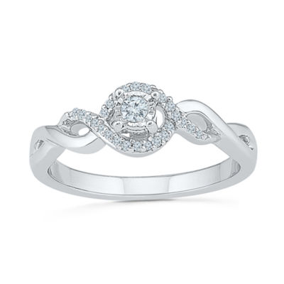 Womens 1/8 CT. T.W. Natural White Diamond Sterling Silver Round Side Stone Halo Promise Ring