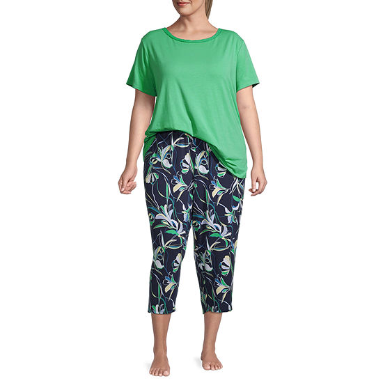 Liz Claiborne Womens Plus 2-pc. Round Neck Short Sleeve Capri Pajama