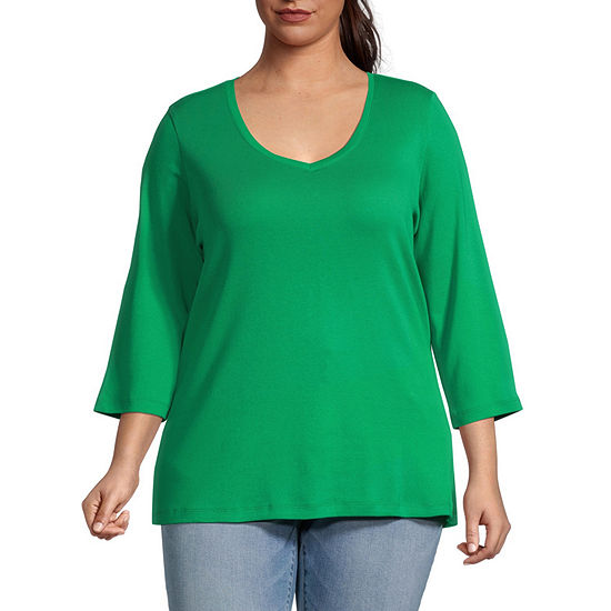 St. John's Bay Womens Plus V Neck 3/4 Sleeve T-Shirt