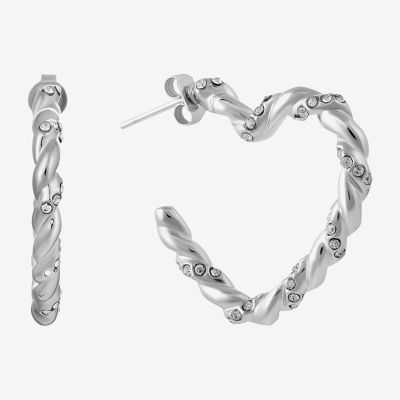 Twisted Crystal Pure Silver Over Brass Heart Hoop Earrings