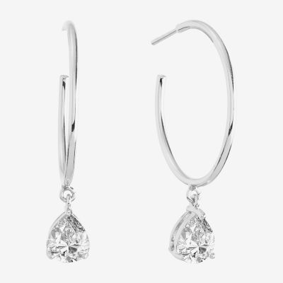 Sparkle Allure Charm Drop Crystal Pure Silver Over Brass Hoop Earrings