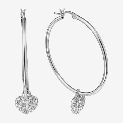 Sparkle Allure Charm Drop Crystal Pure Silver Over Brass Heart Hoop Earrings