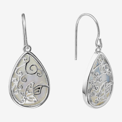Sparkle Allure Filigree Glass Pure Silver Over Brass Butterfly Drop Earrings