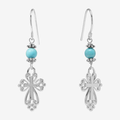 Sparkle Allure Howlite Pure Silver Over Brass Cross Drop Earrings