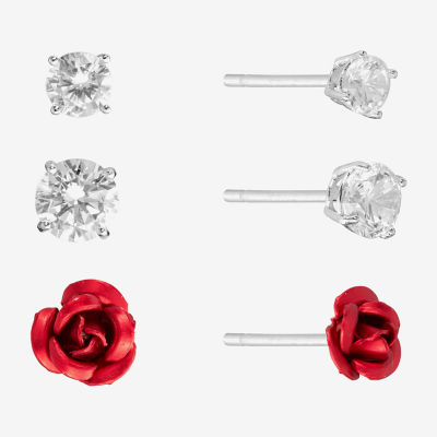 Silver Treasures Rose 3 Pair Cubic Zirconia Flower Earring Set