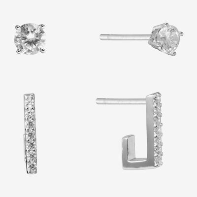 Silver Treasures 2 Pair Cubic Zirconia Square Earring Set