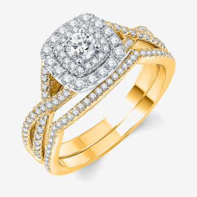 Signature By Modern Bride Womens 3/4 CT. T.W. Natural White Diamond 10K Gold Cushion Bridal Set