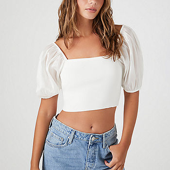 Forever 21 Cinched Womens Square Neck Short Sleeve Crop Top Juniors, Color:  White - JCPenney