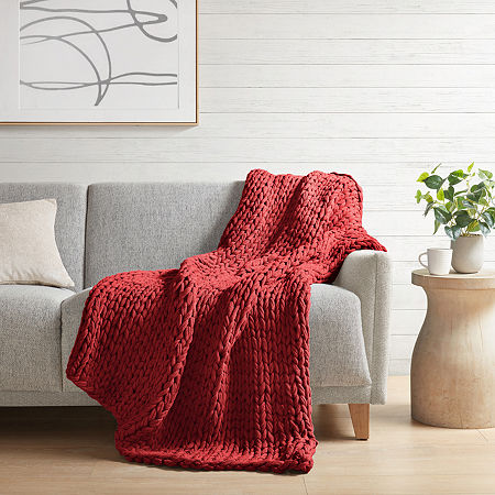 Madison Park Handmade Chunk Double Knit Plush Lightweight Throw, One Size, Red