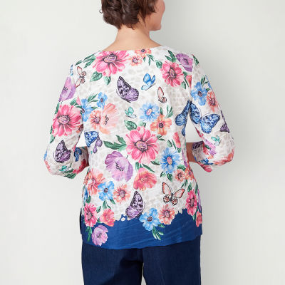 Alfred Dunner Full Bloom Womens Keyhole Neck 3/4 Sleeve T-Shirt